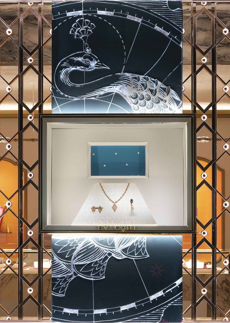 Illuminated jacquard panelling in the Bulgari boutique interior
