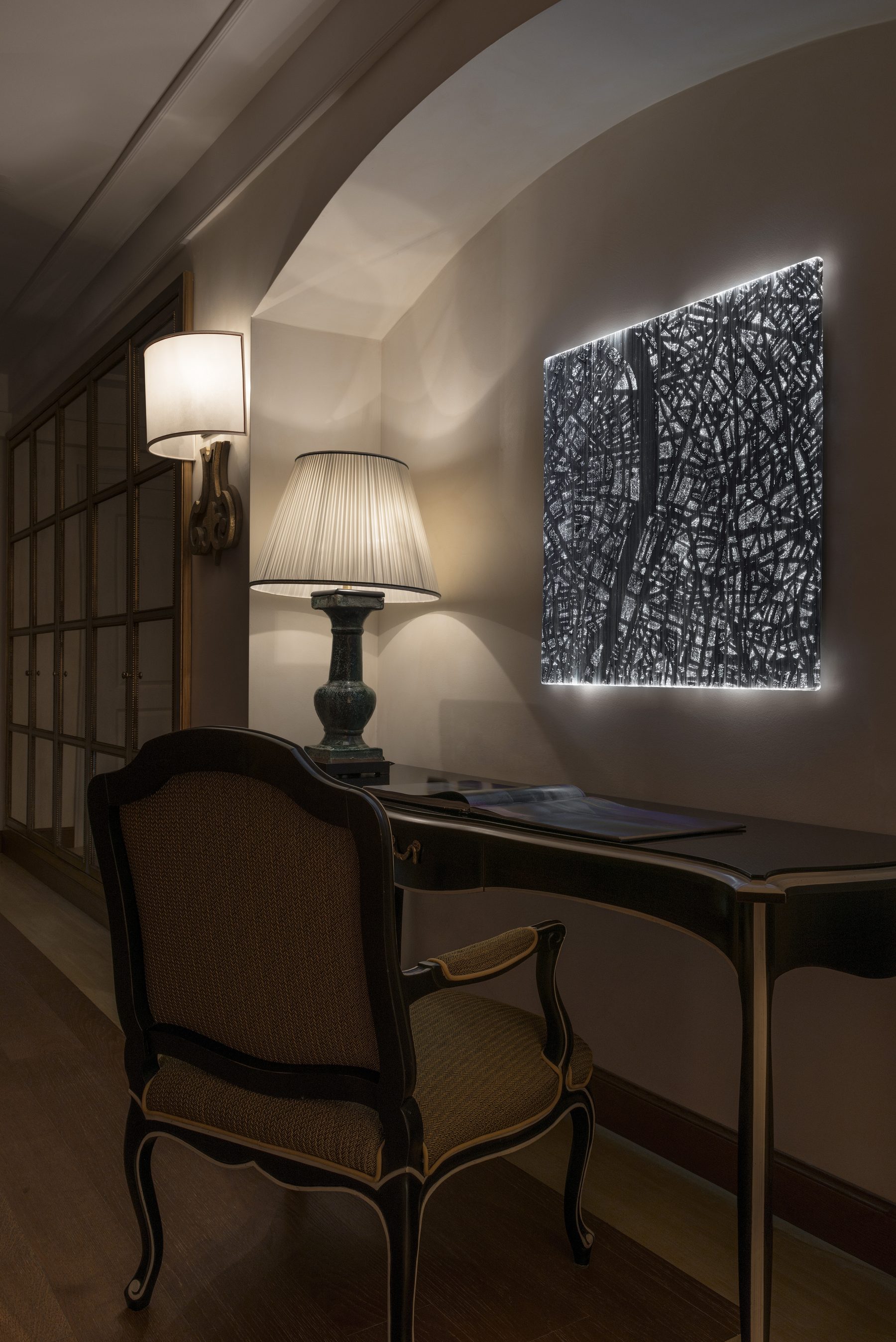 Illuminated wall panel in a classic hotel interior