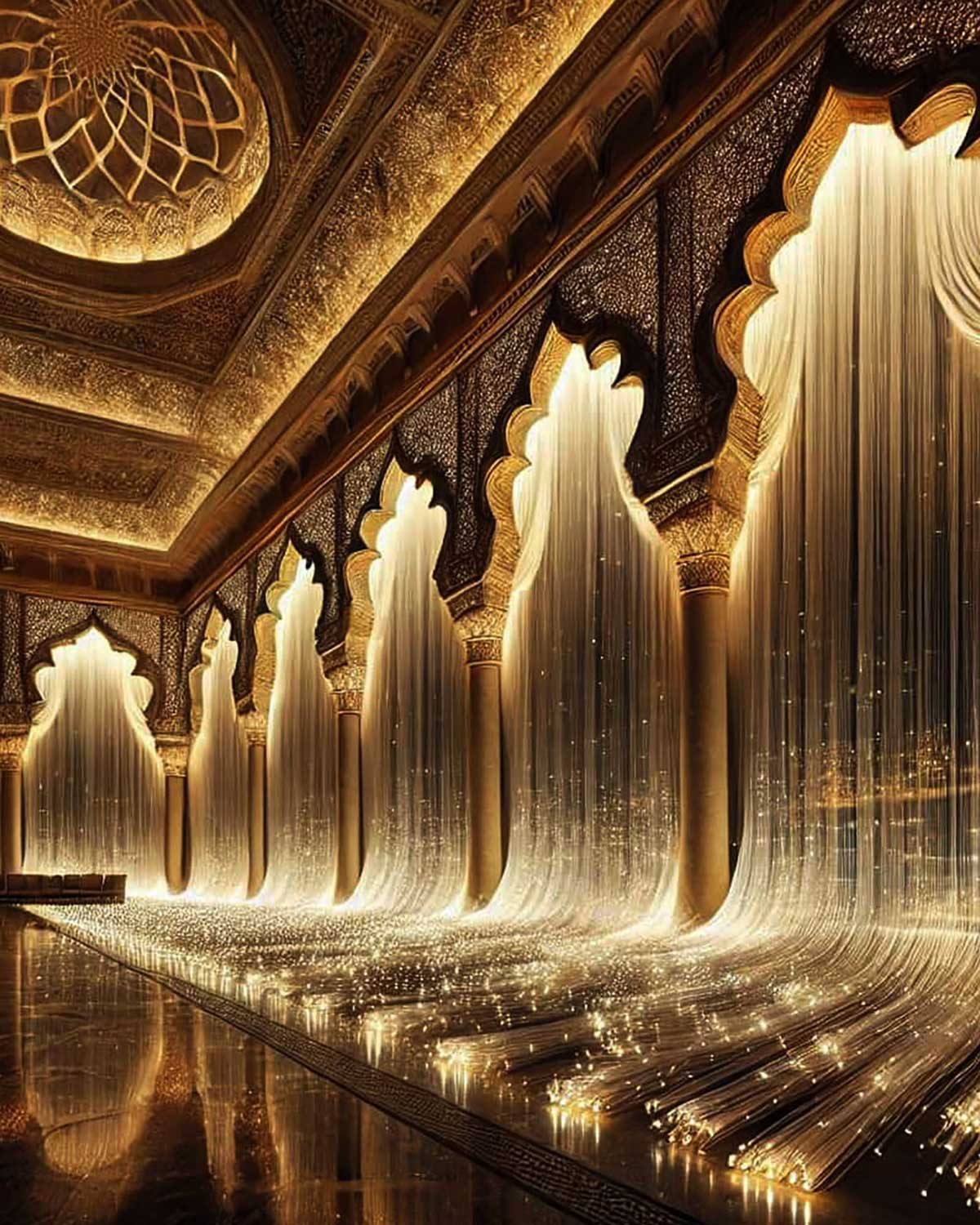 Gold illuminated curtains in an ornate hall